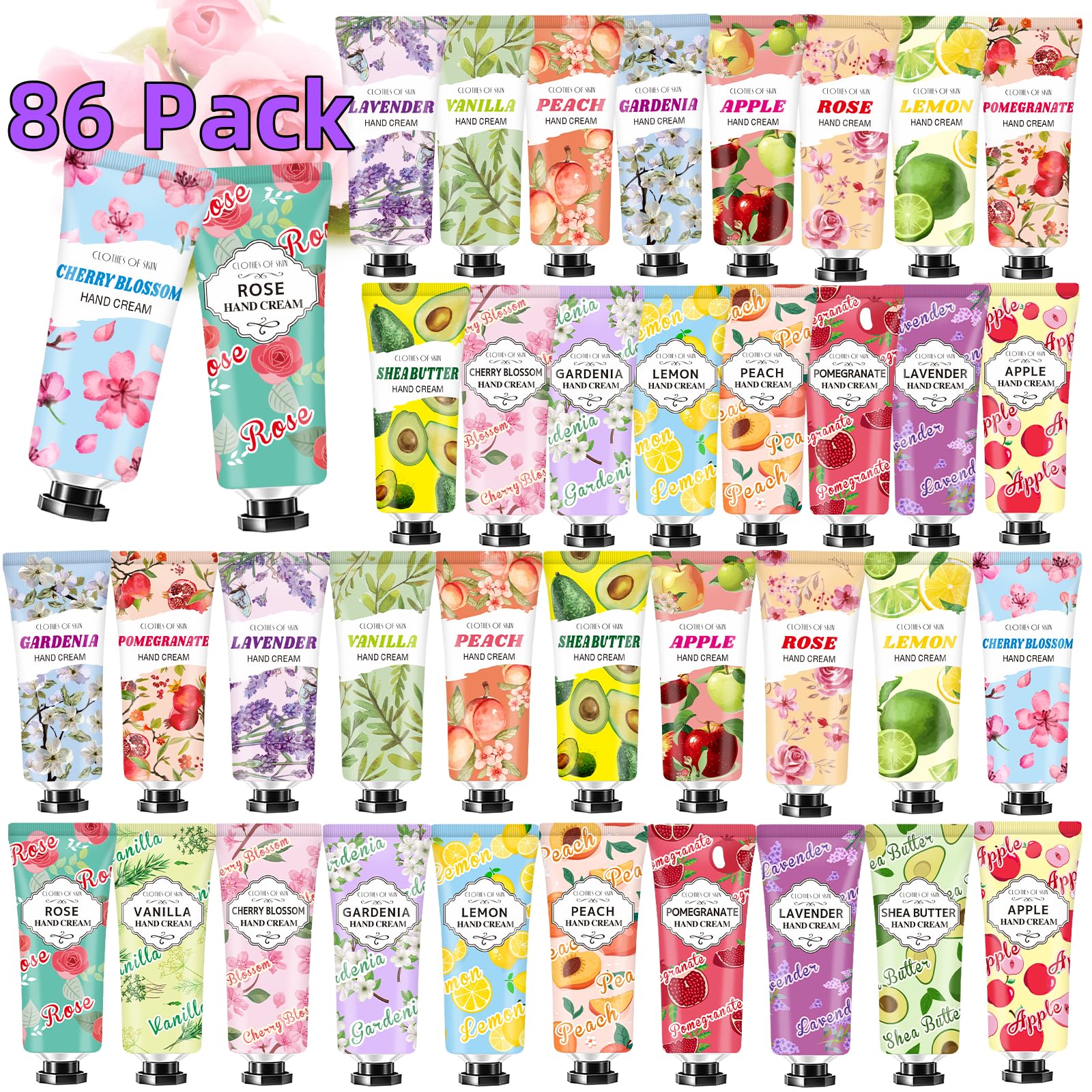 Clothes of Skin 86-pack hand cream set with varied fragrances for daily use.