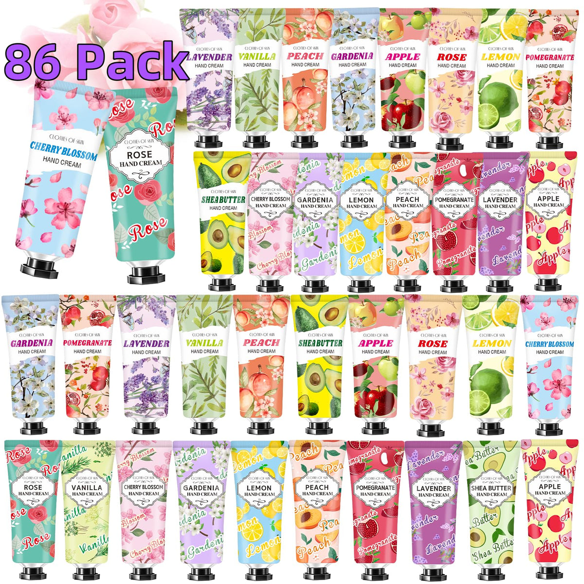 Clothes of Skin 86-pack hand cream set with varied fragrances for daily use.