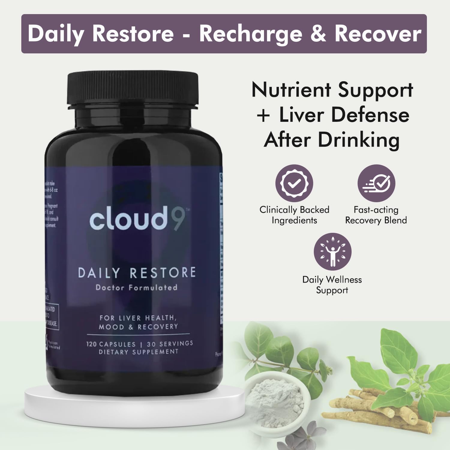 Cloud9 Daily Restore bottle with glass of water illustrating hydration and recovery use.