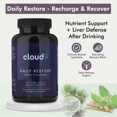 Cloud9 Daily Restore bottle with glass of water illustrating hydration and recovery use.