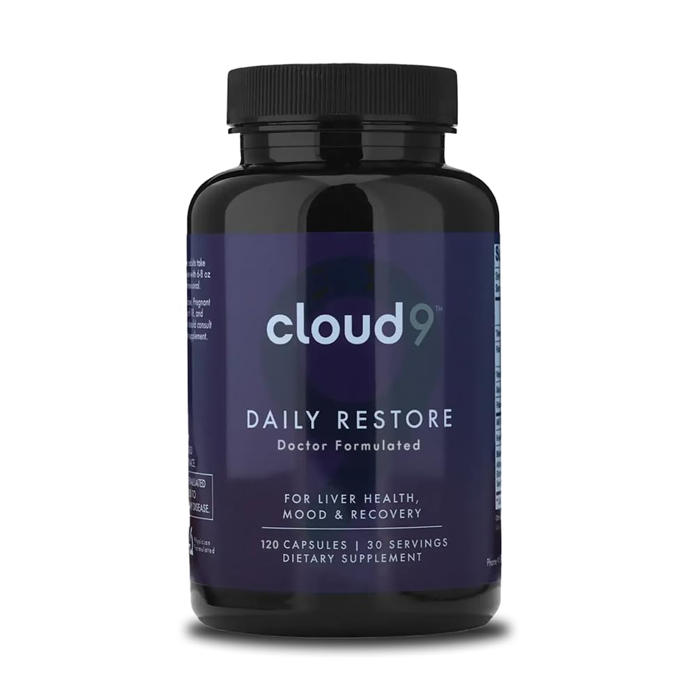 Cloud9 Daily Restore bottle on the counter suggesting daily liver support after drinking.