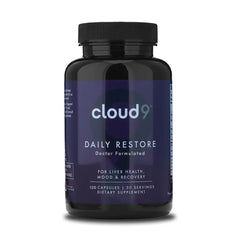 Cloud9 Daily Restore bottle on the counter suggesting daily liver support after drinking.