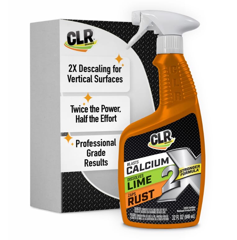 CLR 2X bottle pour demonstrates strong descaling on mineral buildup.