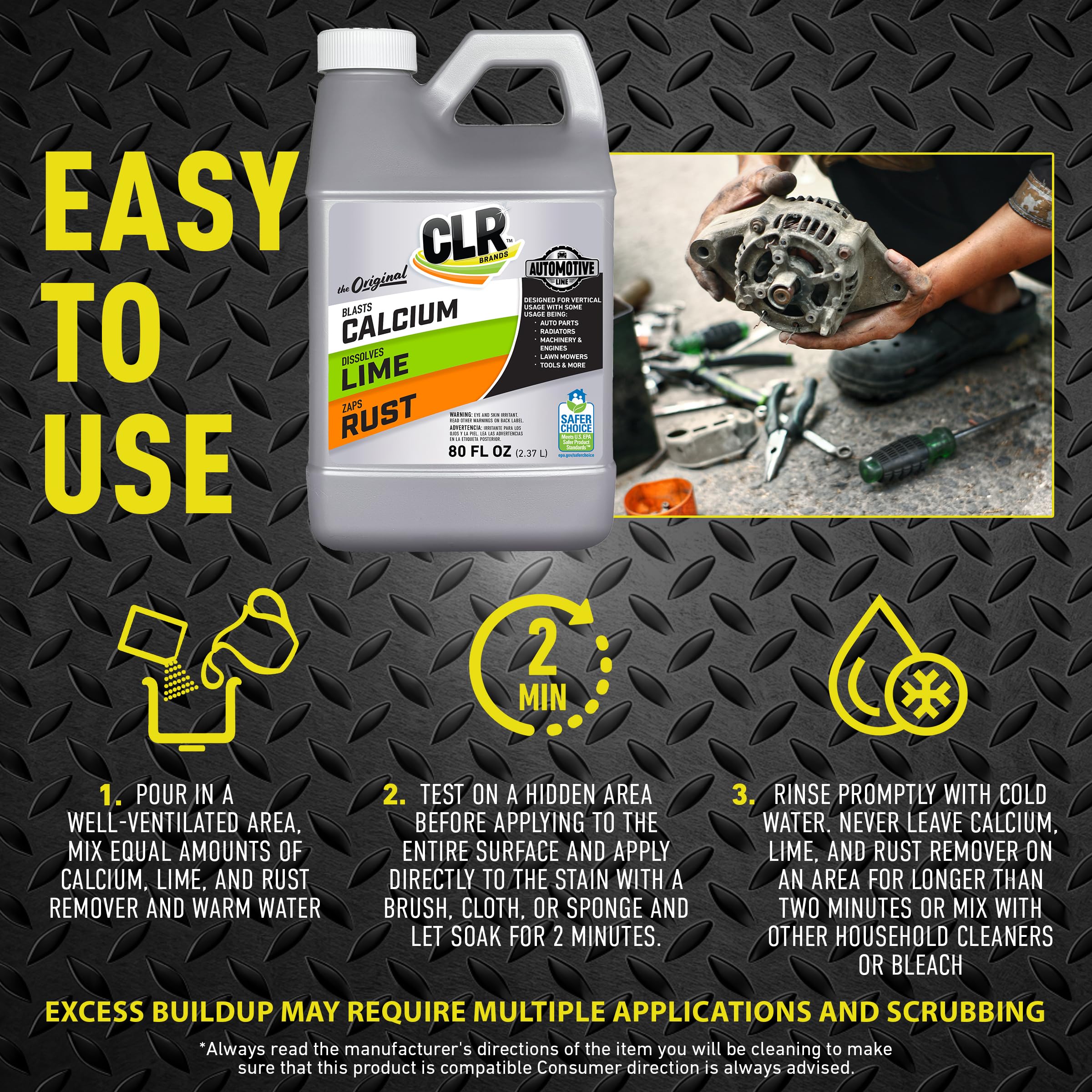 CLR bottle dispensing action on a clean metal surface