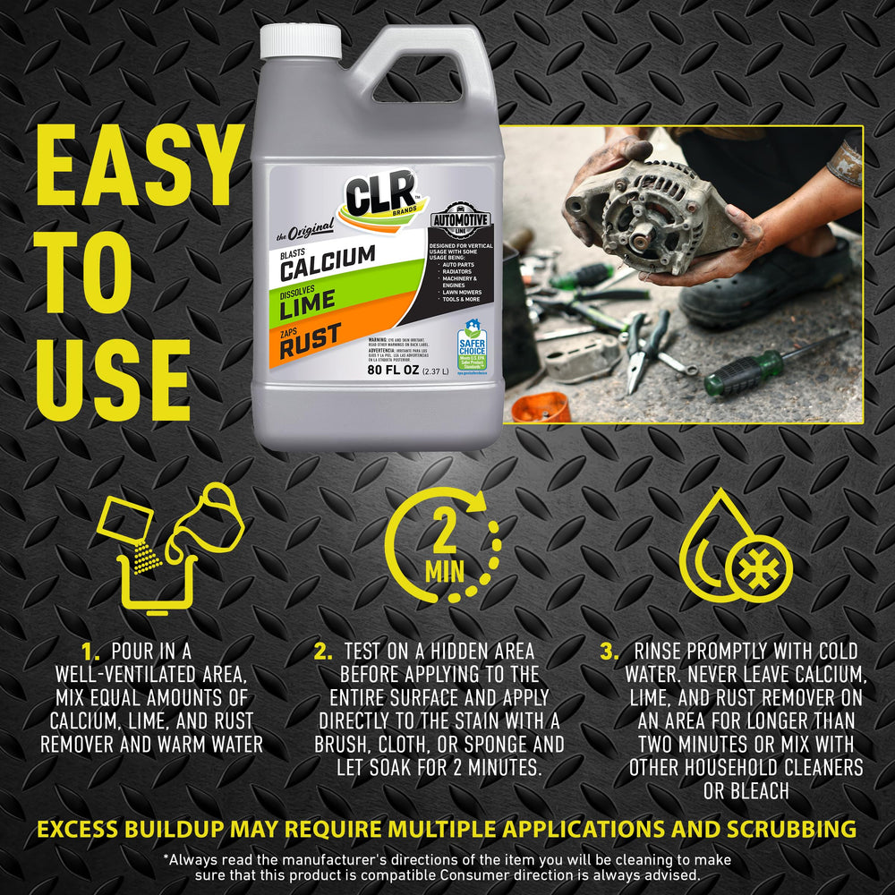 CLR bottle dispensing action on a clean metal surface