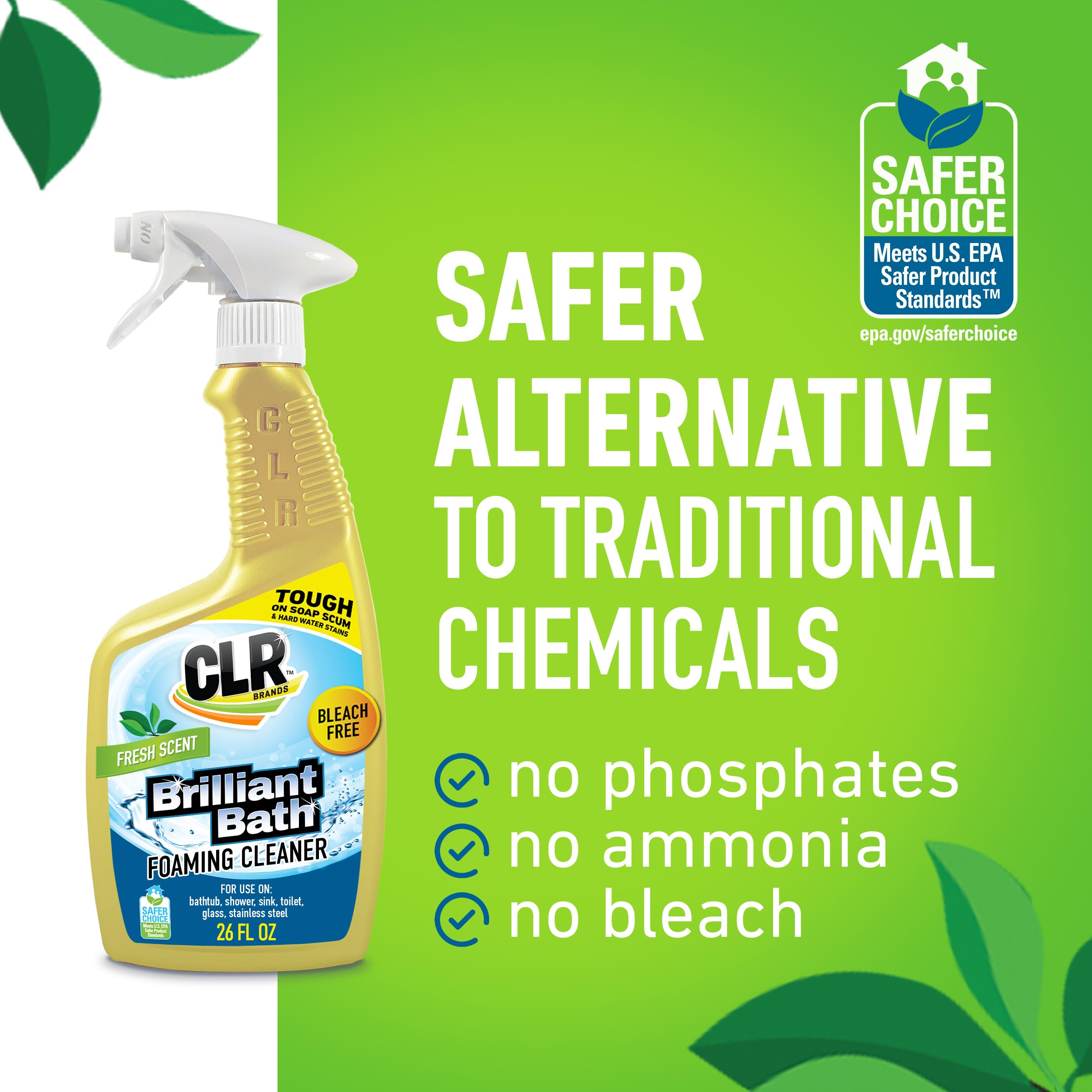 CLR Brilliant Bath cleans faucet and sink with glass-safe shine.