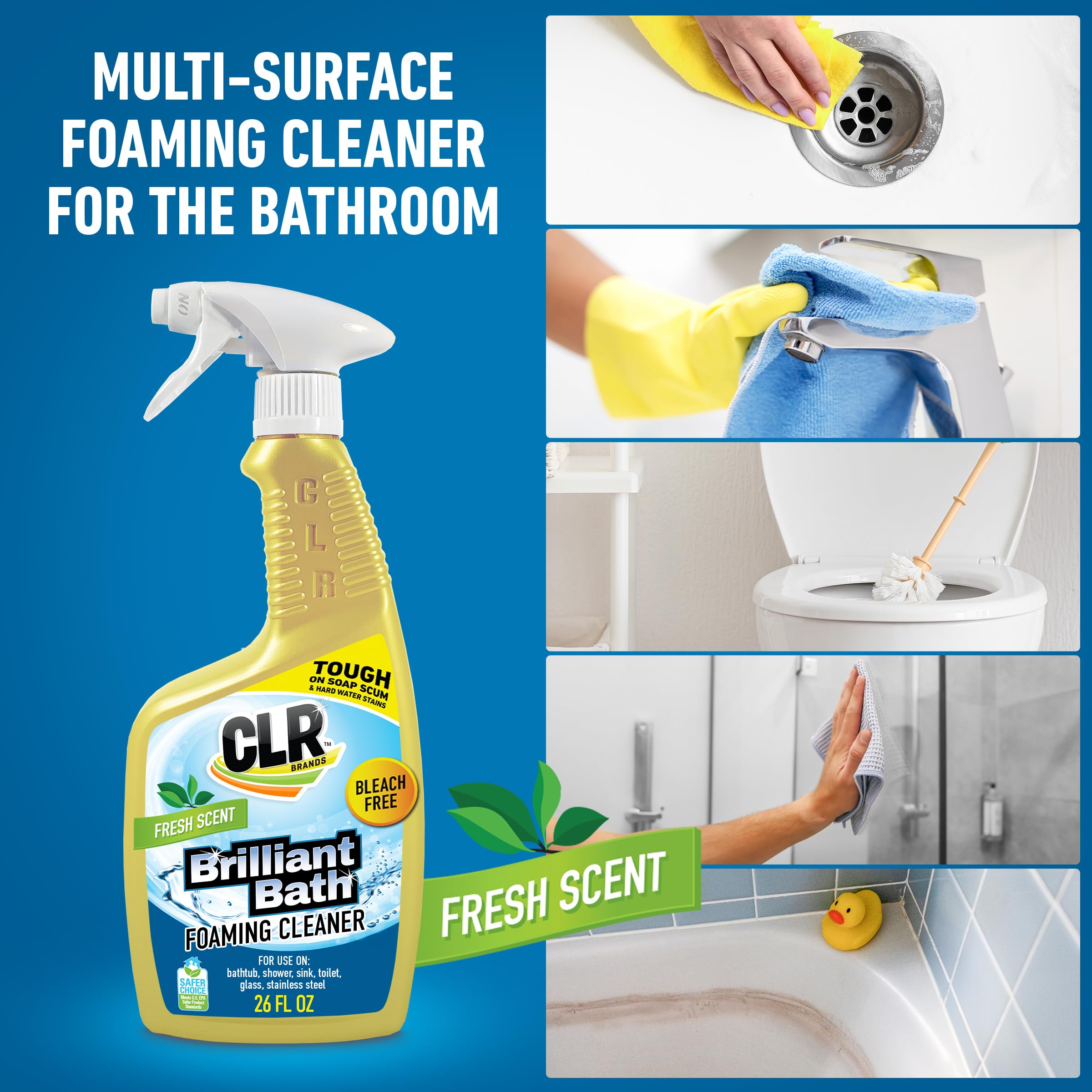 CLR Brilliant Bath foam clings to shower door for easy grime removal.