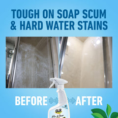 CLR Brilliant Bath Free and Clear on shower glass for streak-free shine.