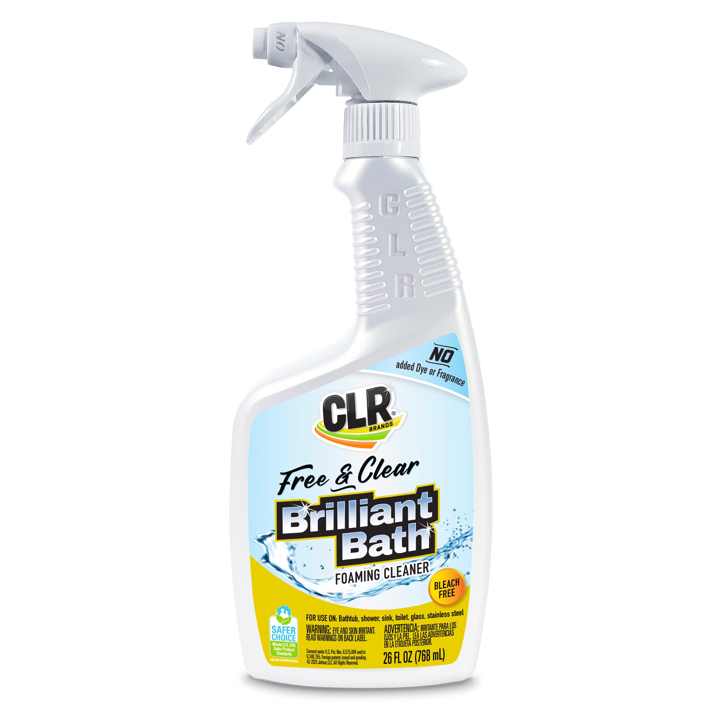 CLR Brilliant Bath Free and Clear spray bottle cleans soap scum from bathroom surfaces.