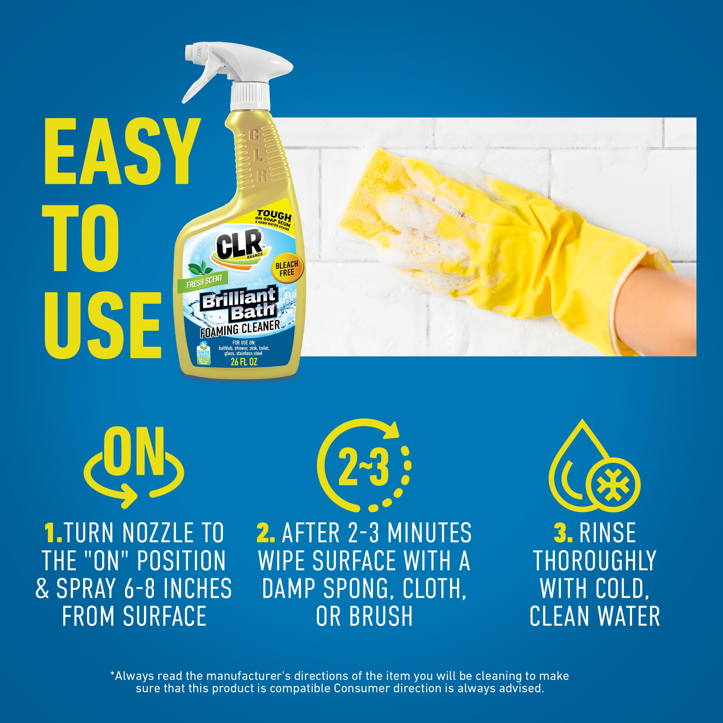 CLR Brilliant Bath glass-safe formula leaves streak-free surfaces.