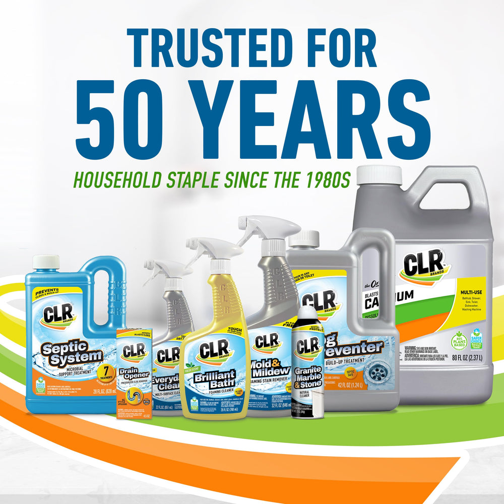 CLR Brilliant Bath four-pack bottle display keeps cleaning power within reach.