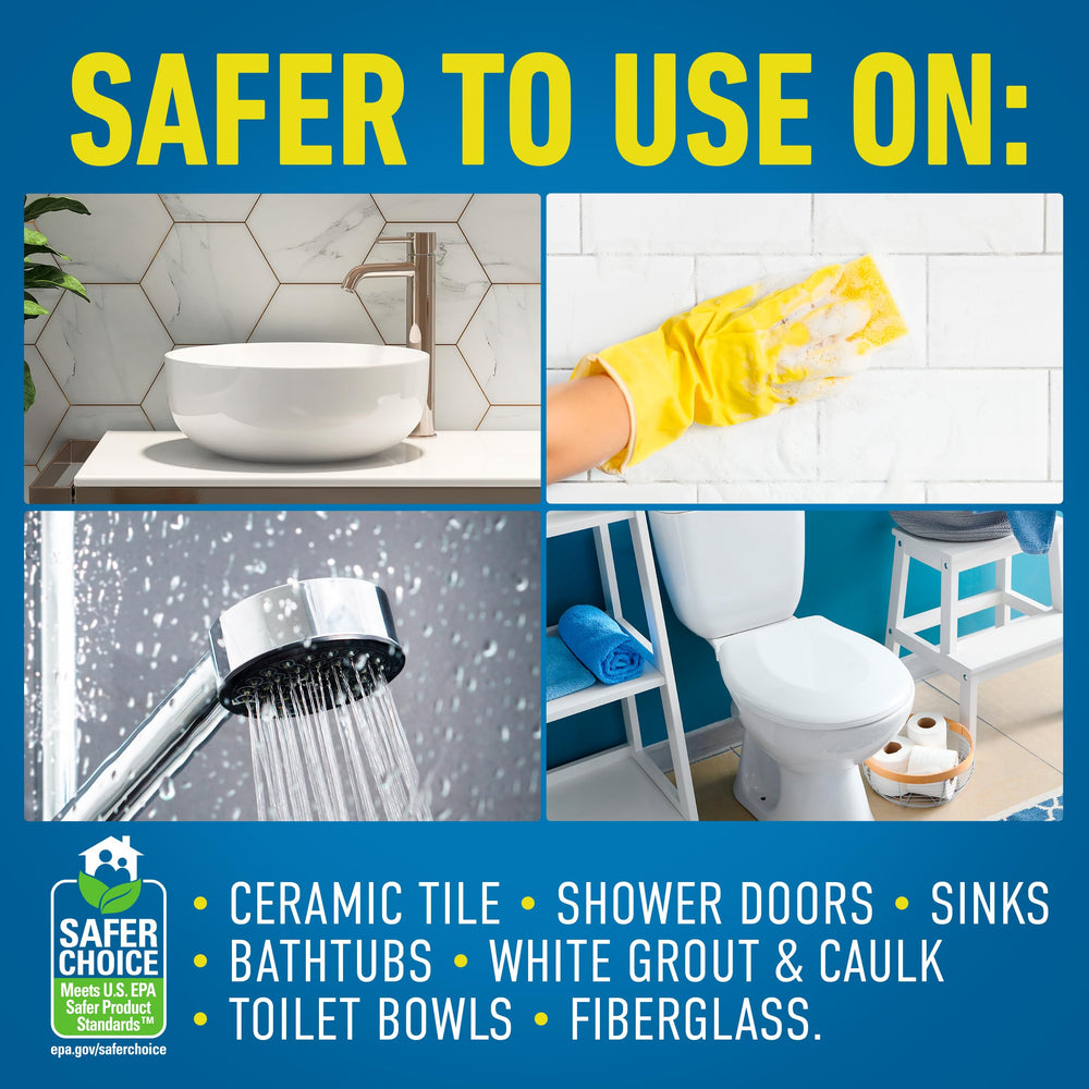 CLR Brilliant Bath foam targets showerhead mineral buildup for removal.