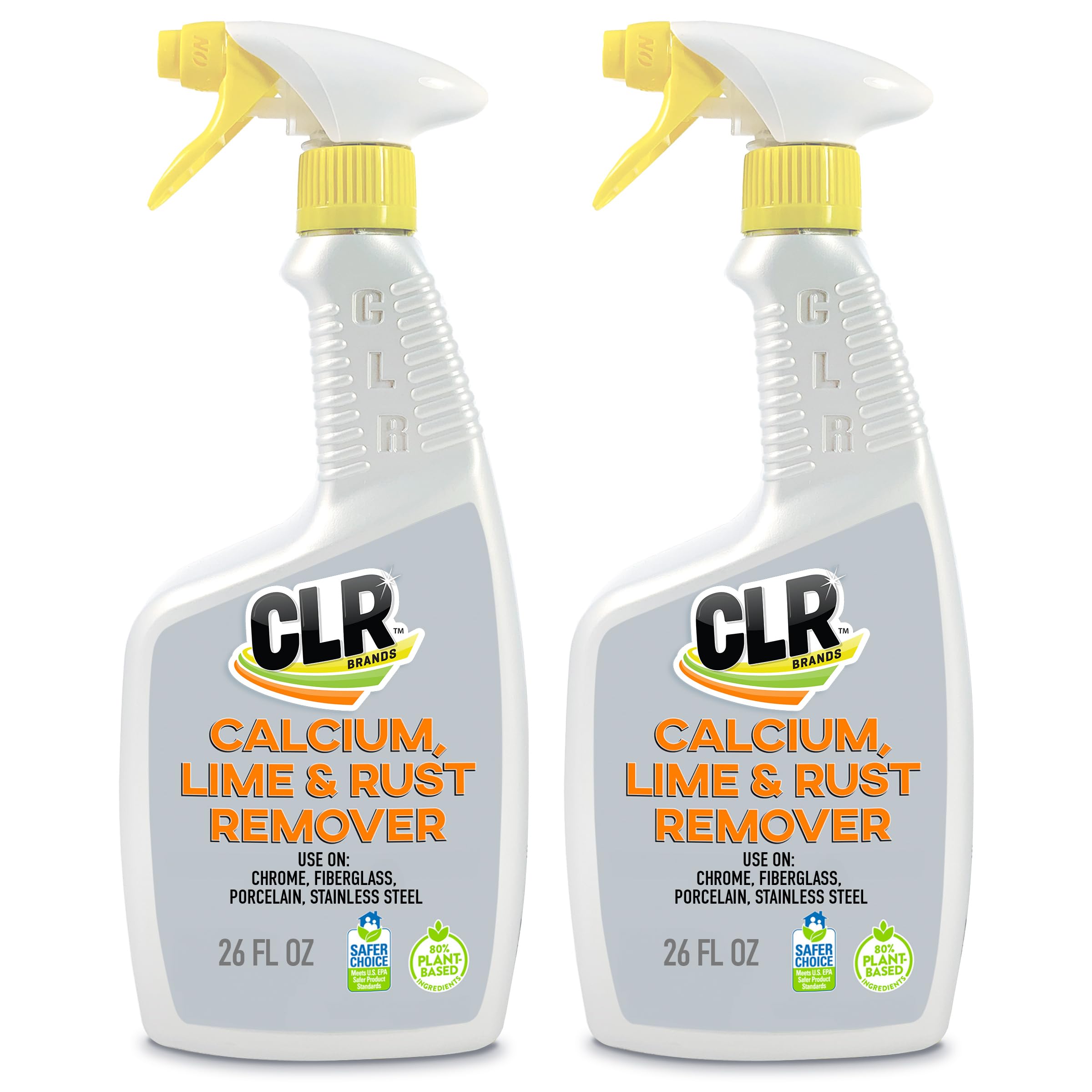 CLR calcium-lime-rust remover bottle two-pack tackles hard water deposits on multiple surfaces.