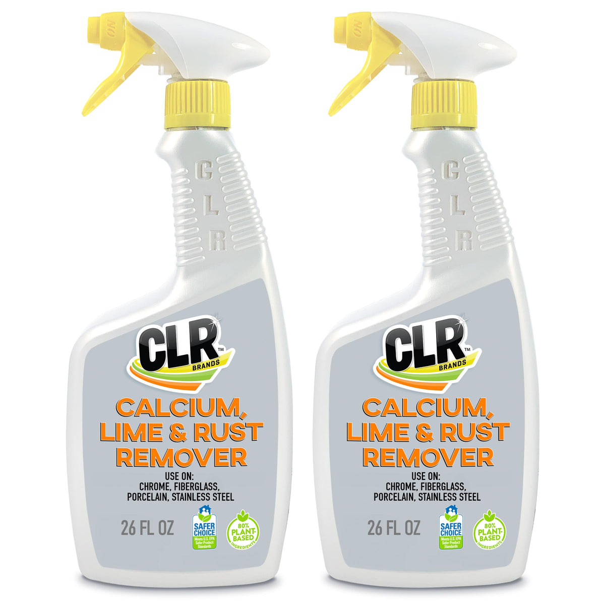 CLR calcium-lime-rust remover bottle two-pack tackles hard water deposits on multiple surfaces.