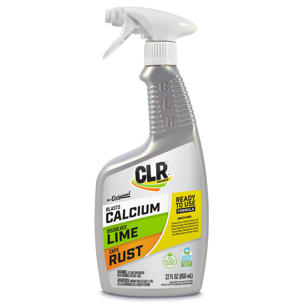 CLR Calcium, Lime & Rust Remover spray tackles hard mineral deposits safely.