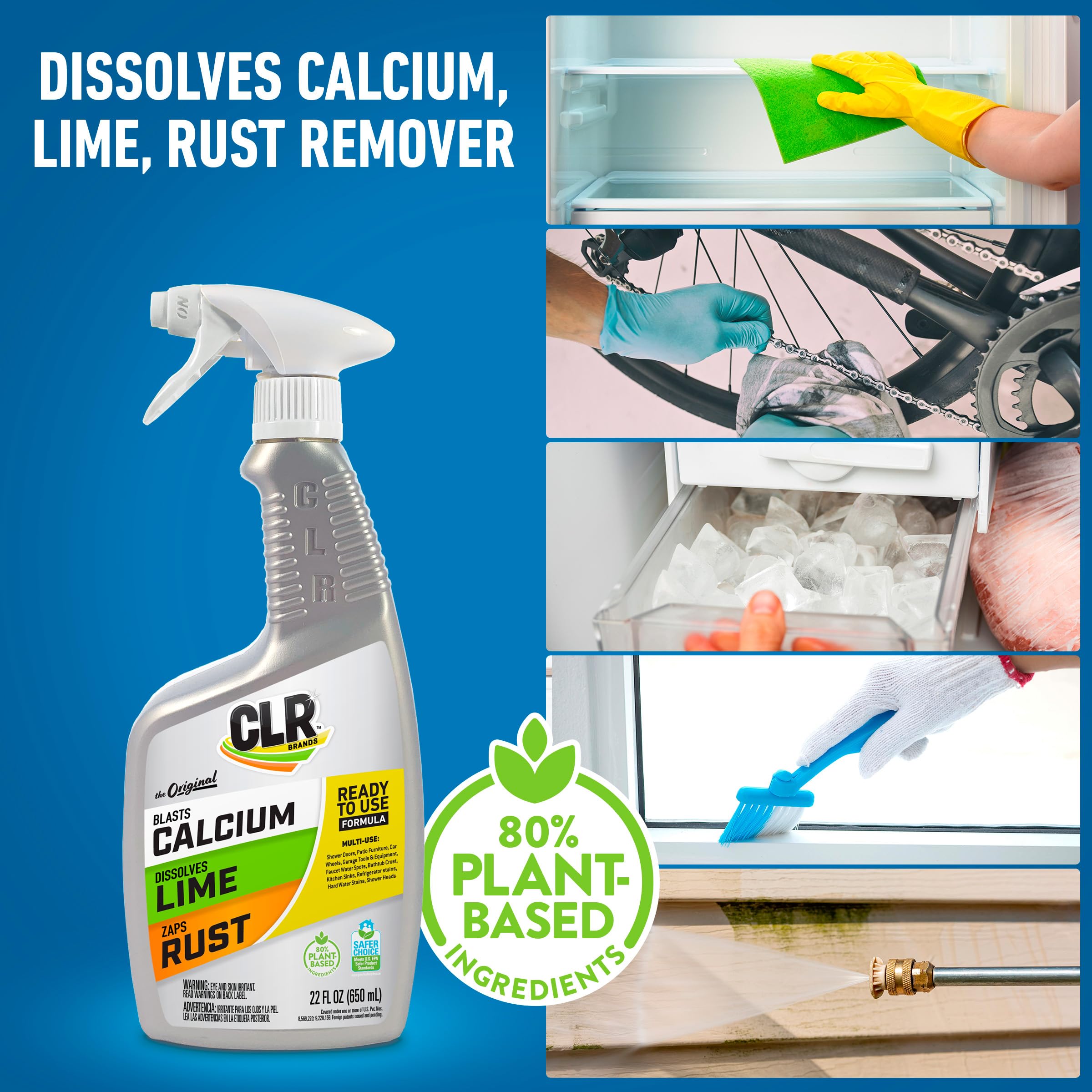 CLR fast acting cleaner bottle demonstrates quick removal of mineral buildup.