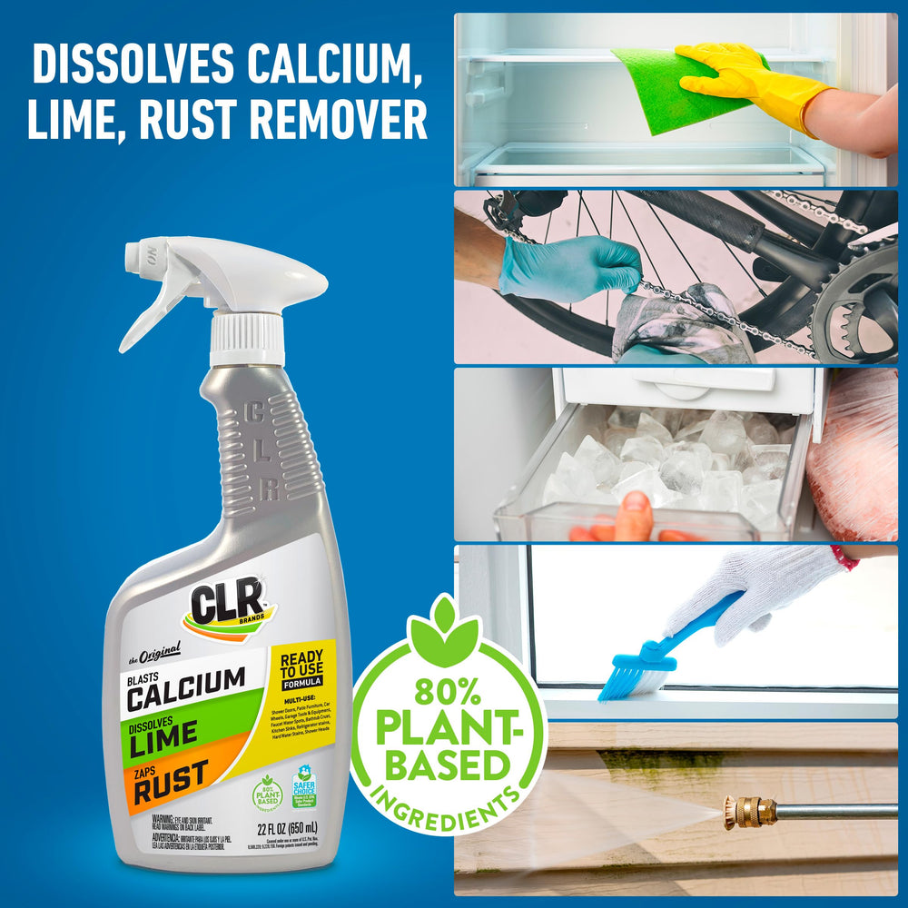 CLR fast acting cleaner bottle demonstrates quick removal of mineral buildup.