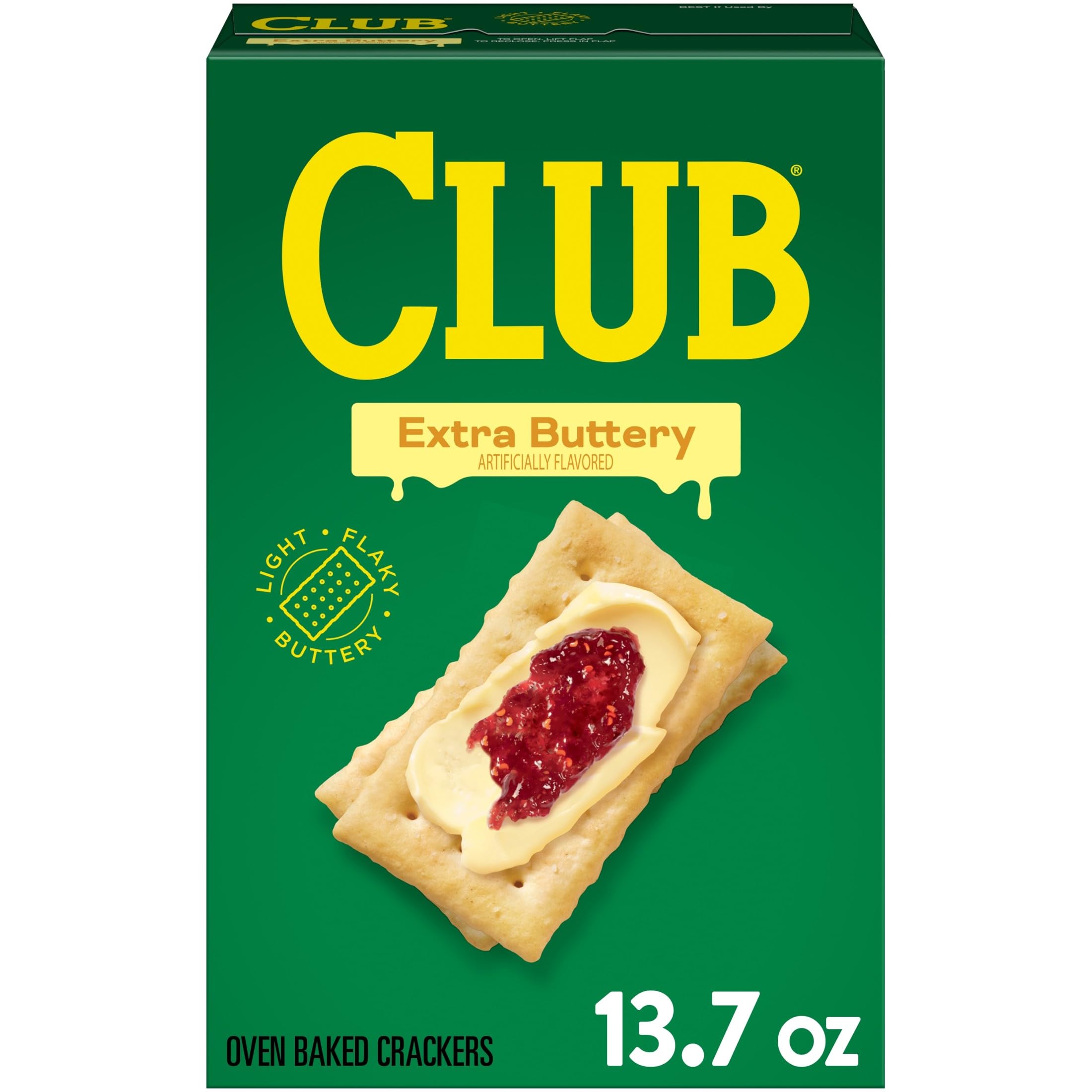 Club Crackers Extra Buttery box on table, ideal for quick snacking with friends.