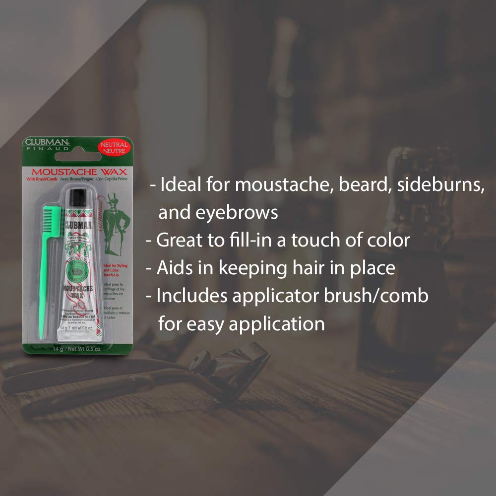 Clubman Moustache Wax Hang Pack tube closeup showing non-greasy formula.