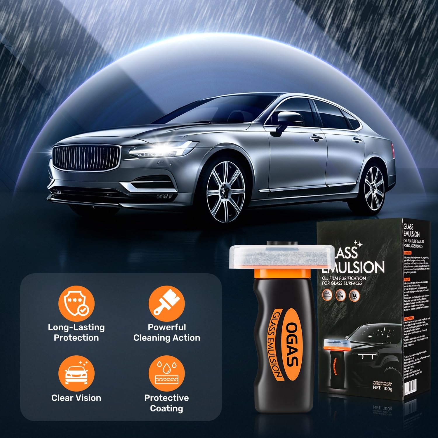 Clussbin glass emulsion cleaner creates crystal clarity in wet conditions for safer driving.