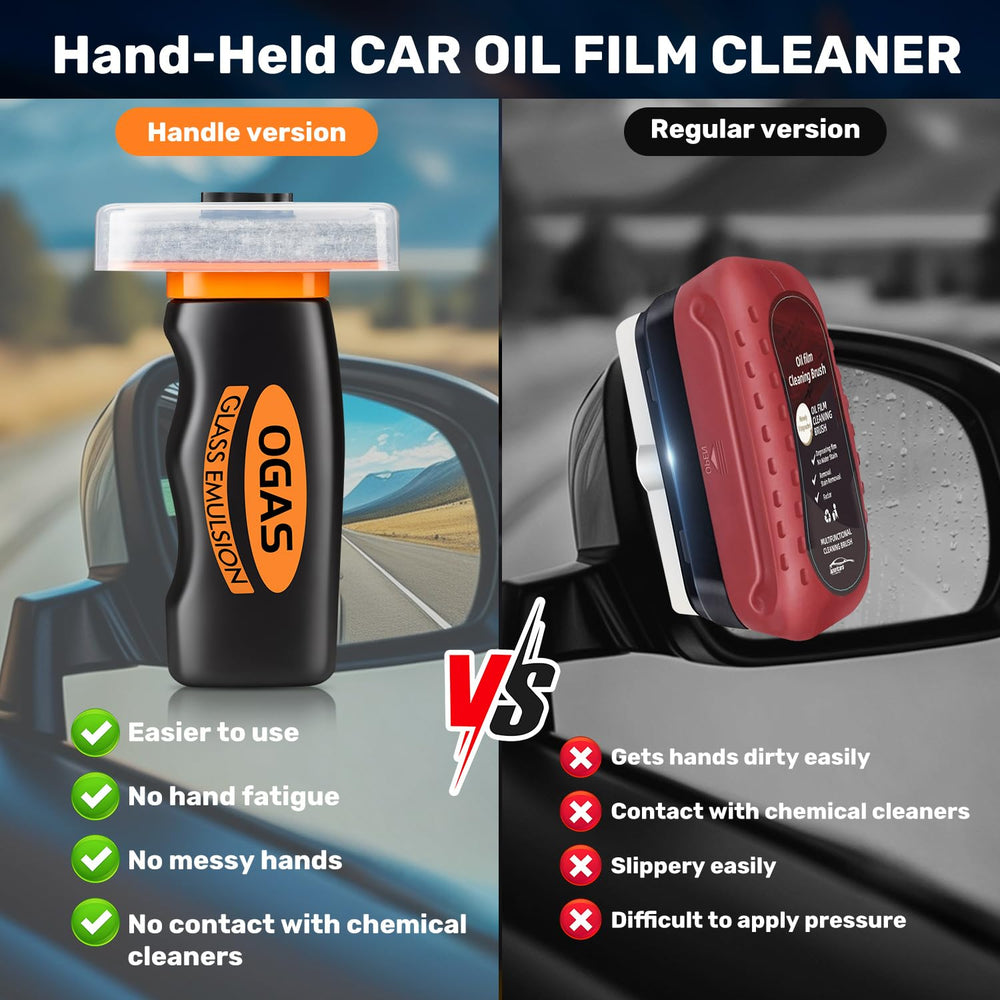 Clussbin handle oil film remover brush with built-in application for easy windshield cleaning.