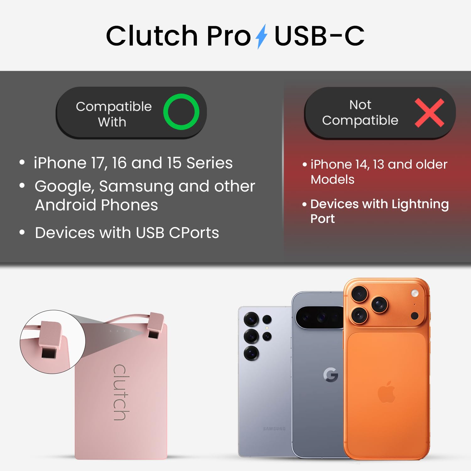 Clutch Pro built-in magnetic cable keeps charging neat and ready.