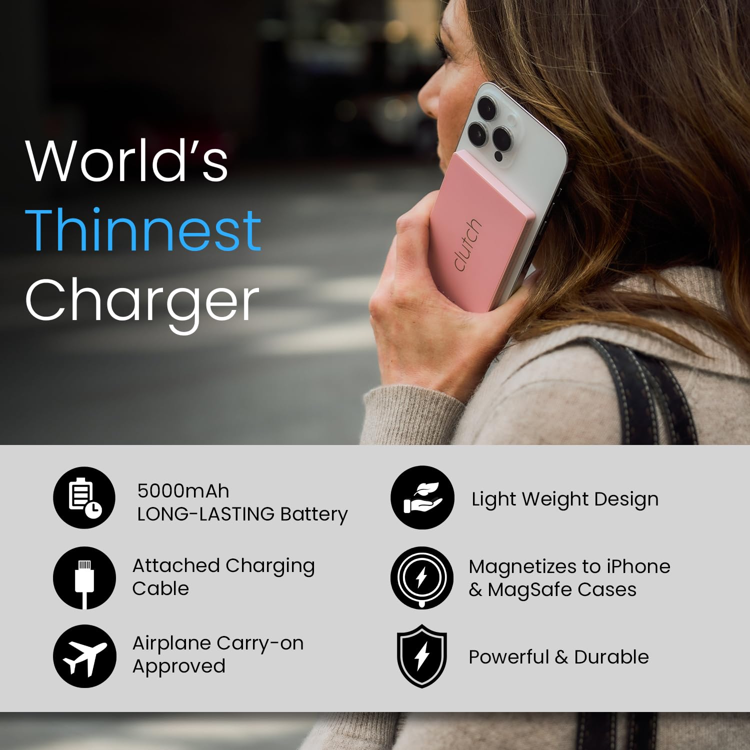 Clutch Pro compact 5,000 mAh capacity powers devices quickly.