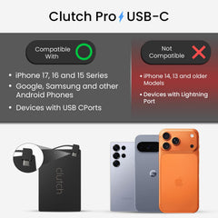 Clutch Pro built-in USB-C cable ready for instant charging on iPhone.