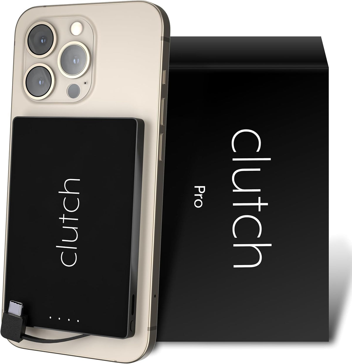 Clutch Pro magnetic power bank attached to iPhone for hands-free charging.