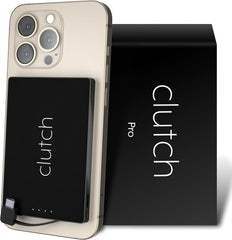 Clutch Pro magnetic power bank attached to iPhone for hands-free charging.
