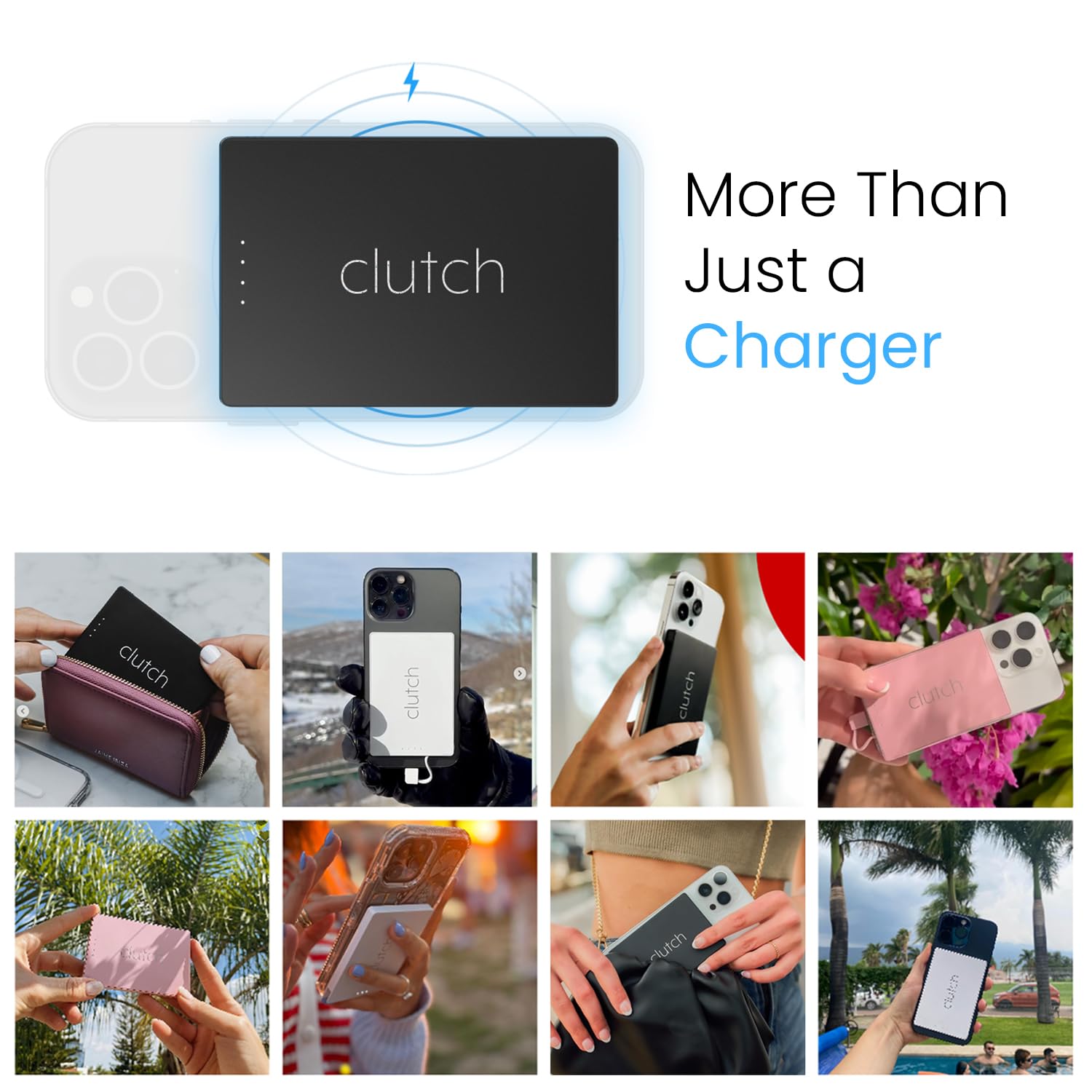 Clutch Pro tucked in a bag with travel gear highlighting portability.
