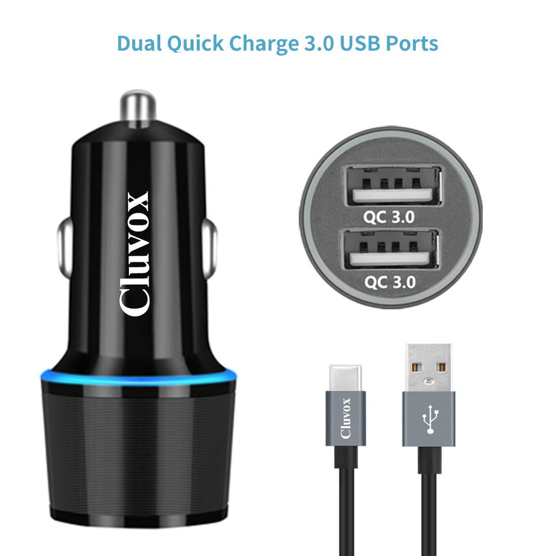 Cluvox car charger with soft blue LED night glow for easy locating