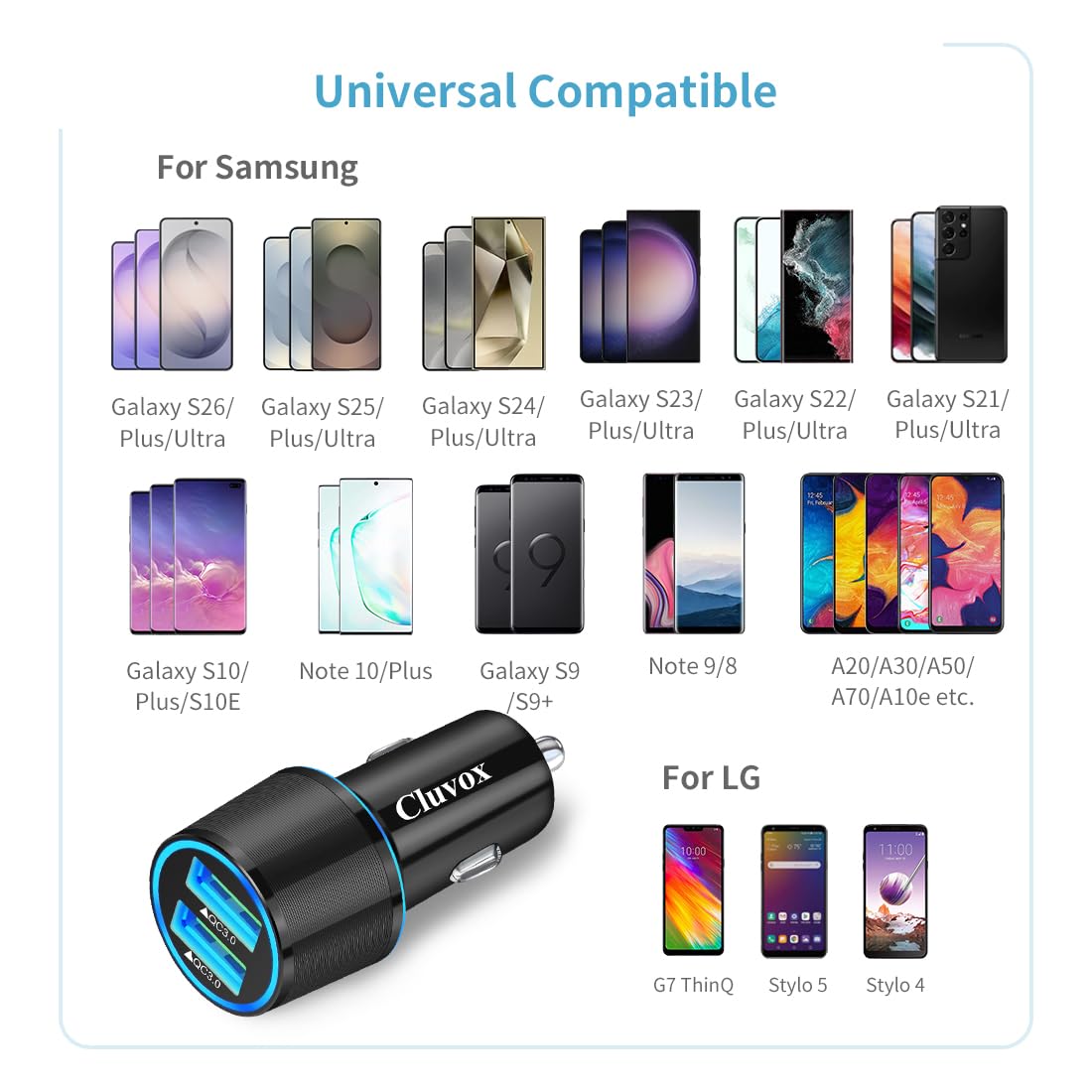 Cluvox charger compatible with Samsung Galaxy models for versatile use