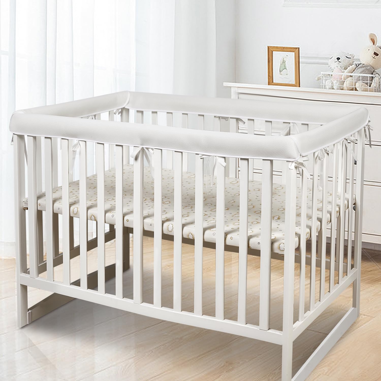 CLYCSRC crib mesh liner long piece installation on white rails