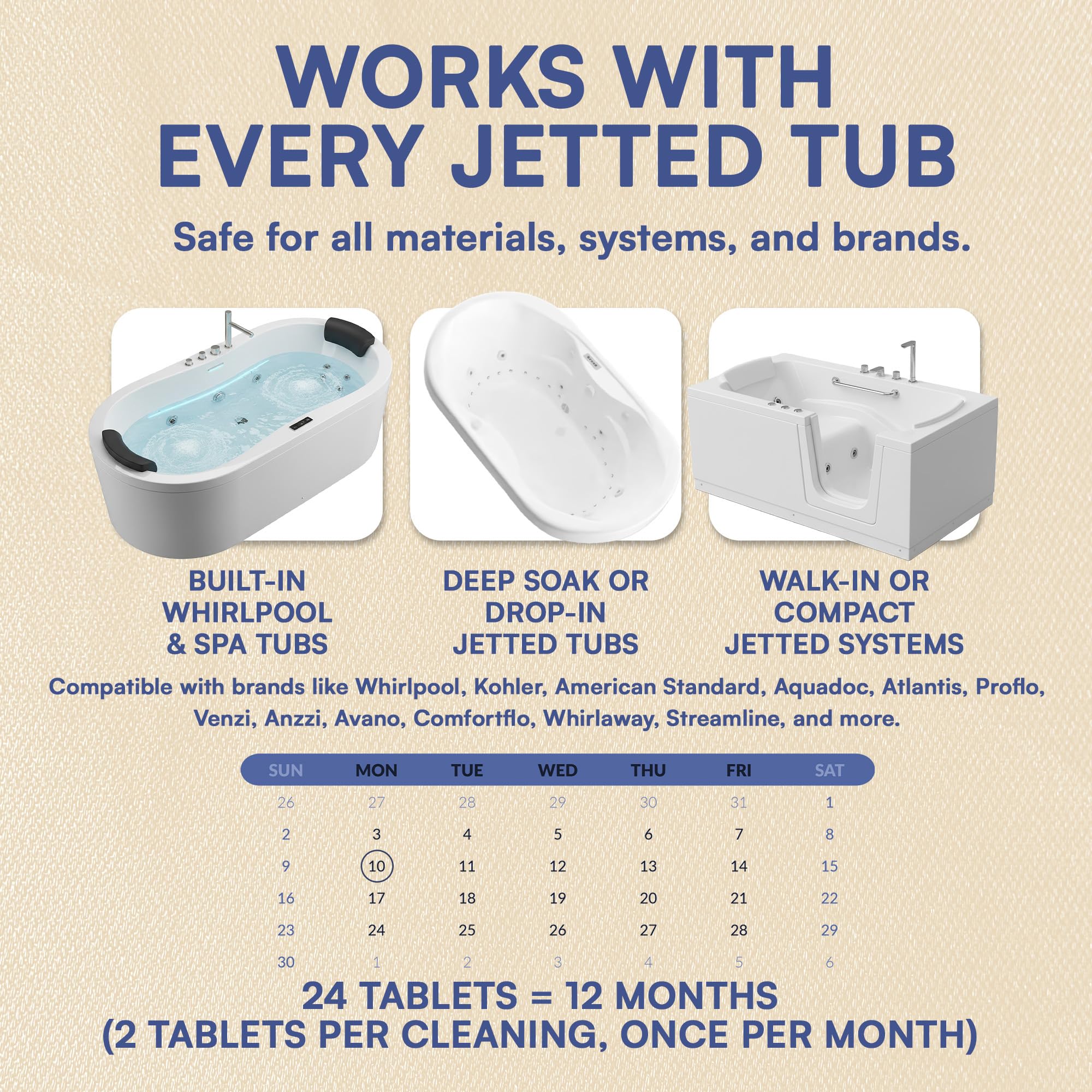 CLYND jet-tub cleaner shown beside whirlpool tub, compatible with Whirlpool jet systems.