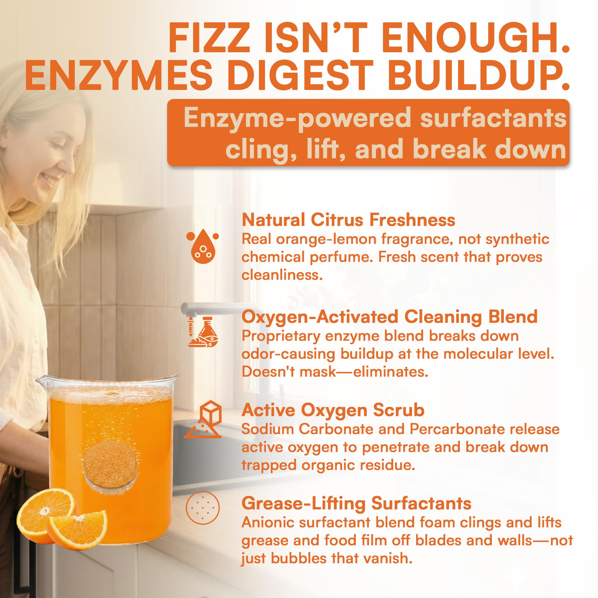 Foaming cleanser contacts grease and residue inside the disposal