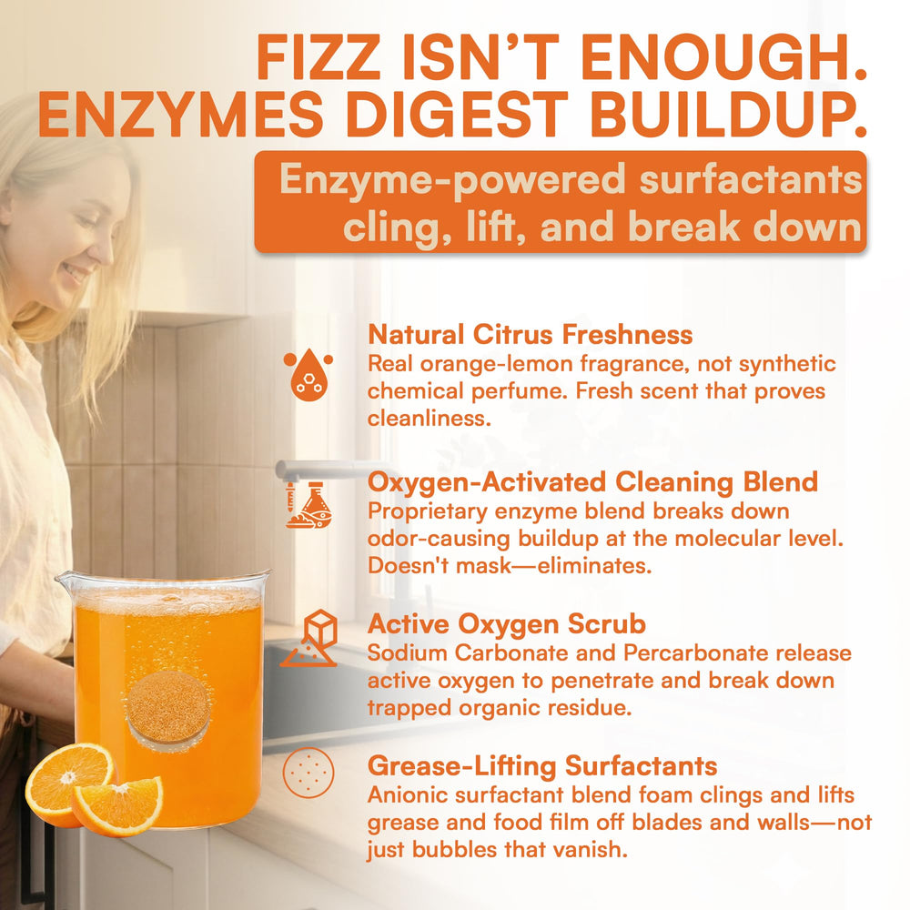 Foaming cleanser contacts grease and residue inside the disposal