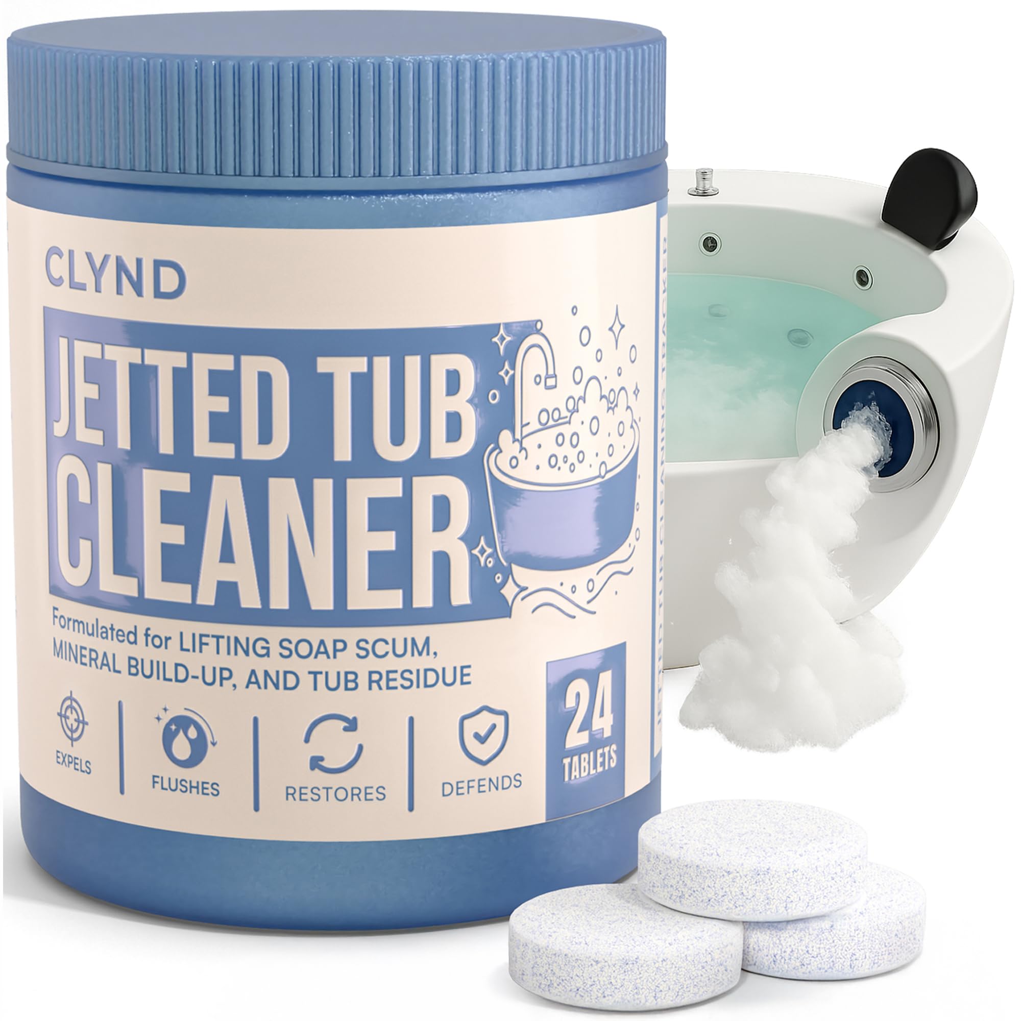 CLYND jet tub cleaner tablets in a bottle, compact and ready for use.