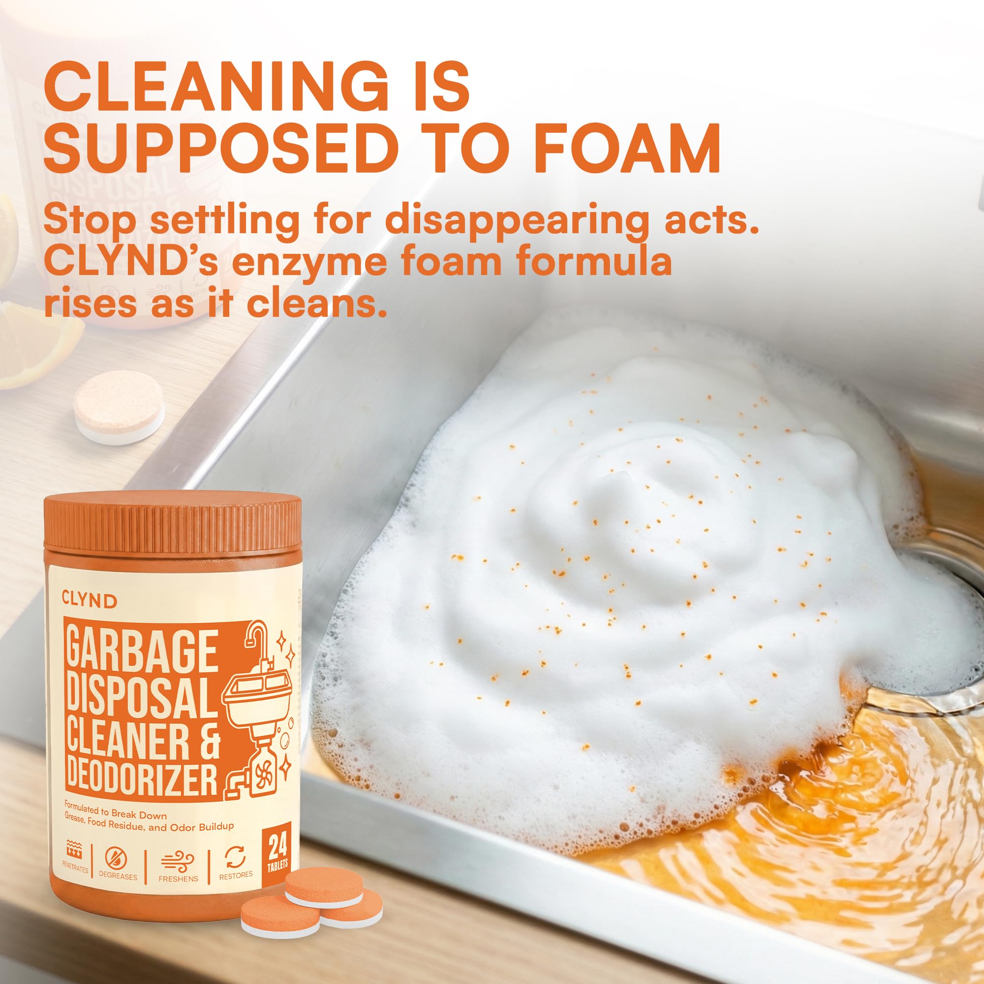 CLYND tablet dissolving action triggers citrus foam