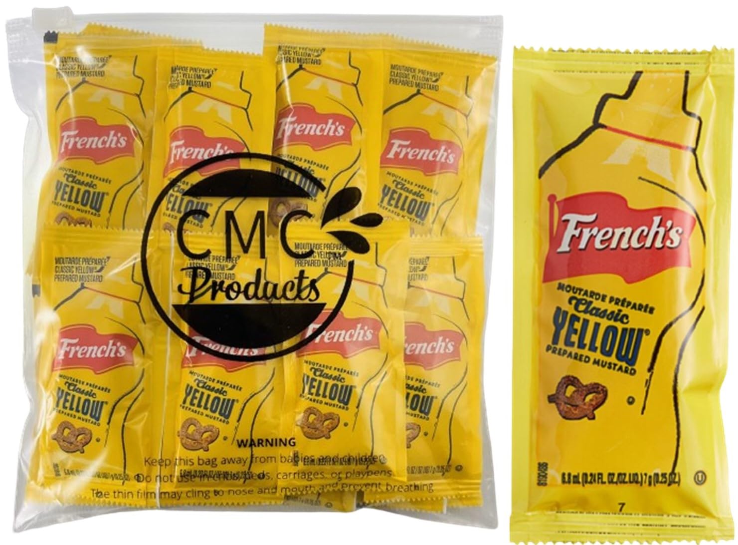 CMC Products mustard packets with spreader for convenient sandwiches and picnics.