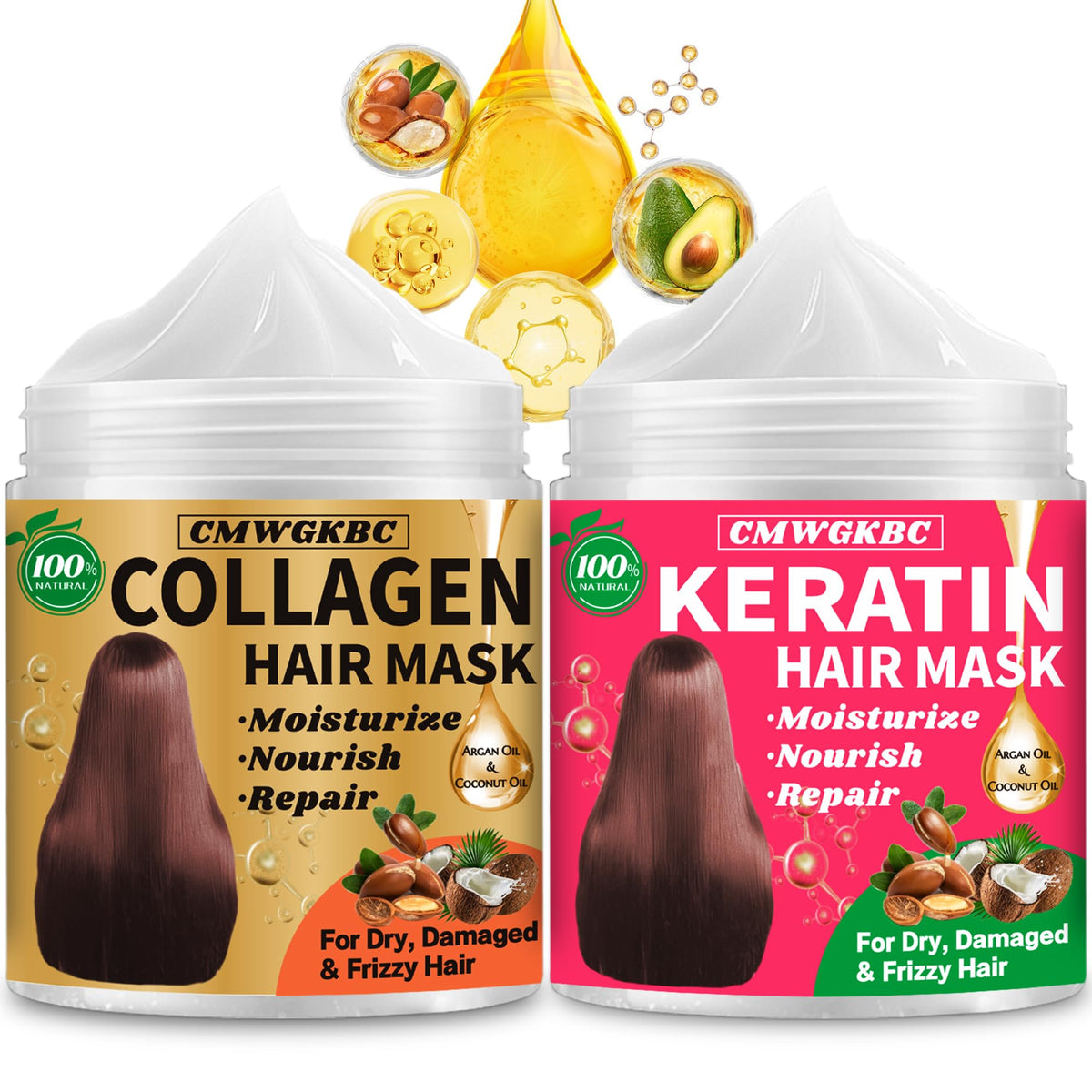 CMWGKBC collagen hair mask bottle delivering moisture for dry, damaged hair.