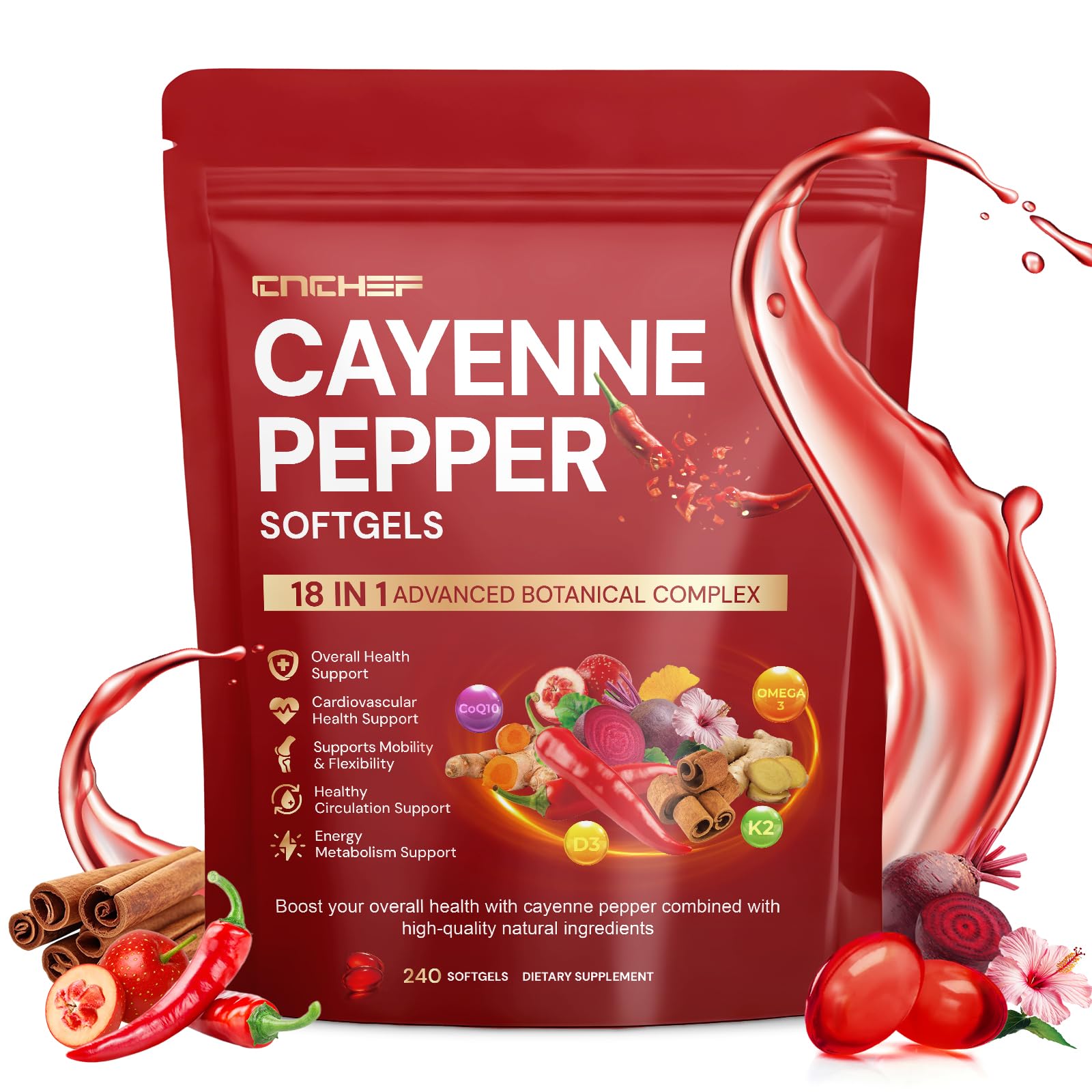 CNCHEF Cayenne Softgels bottle with label supports daily vitality.