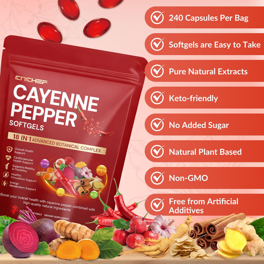 CNCHEF Cayenne Softgels serving detail showing daily serving.