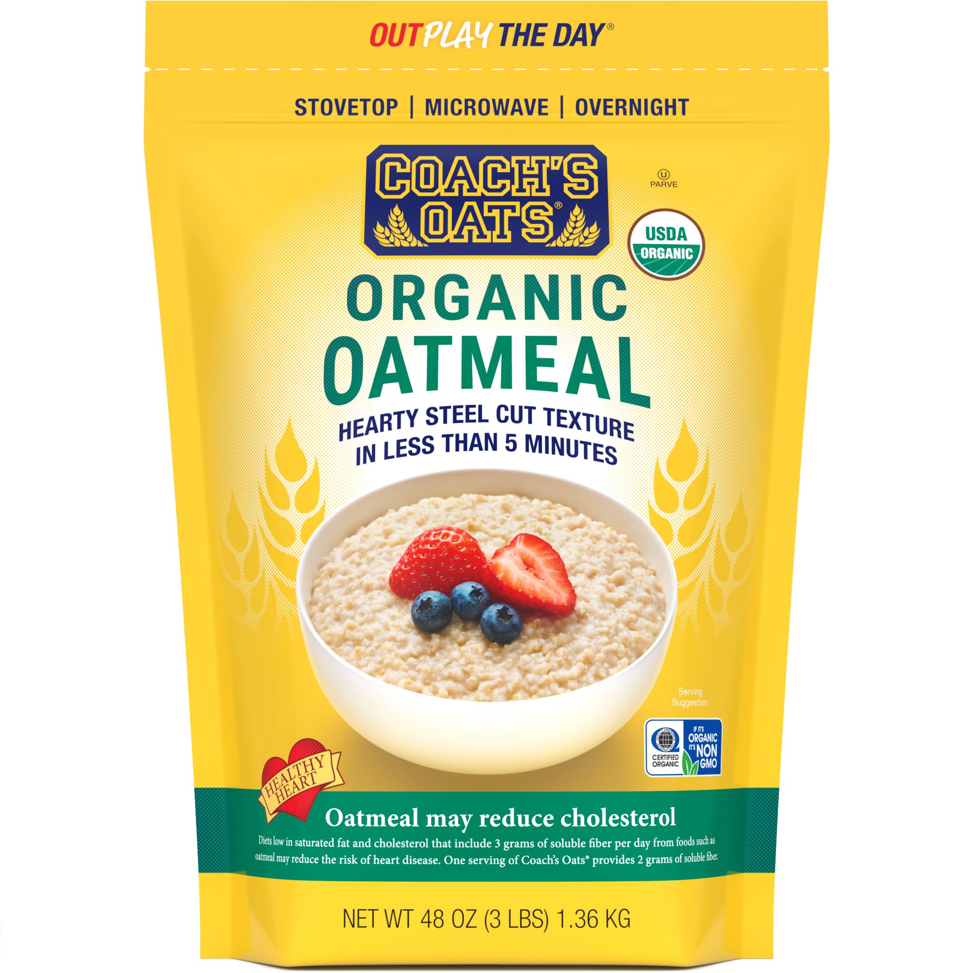 Coach's Oats organic oatmeal 3lb bag with premium oats for quick, nourishing breakfast.