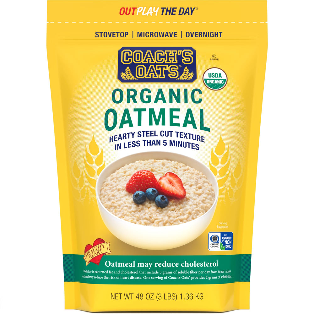 Coach's Oats organic oatmeal 3lb bag with premium oats for quick, nourishing breakfast.