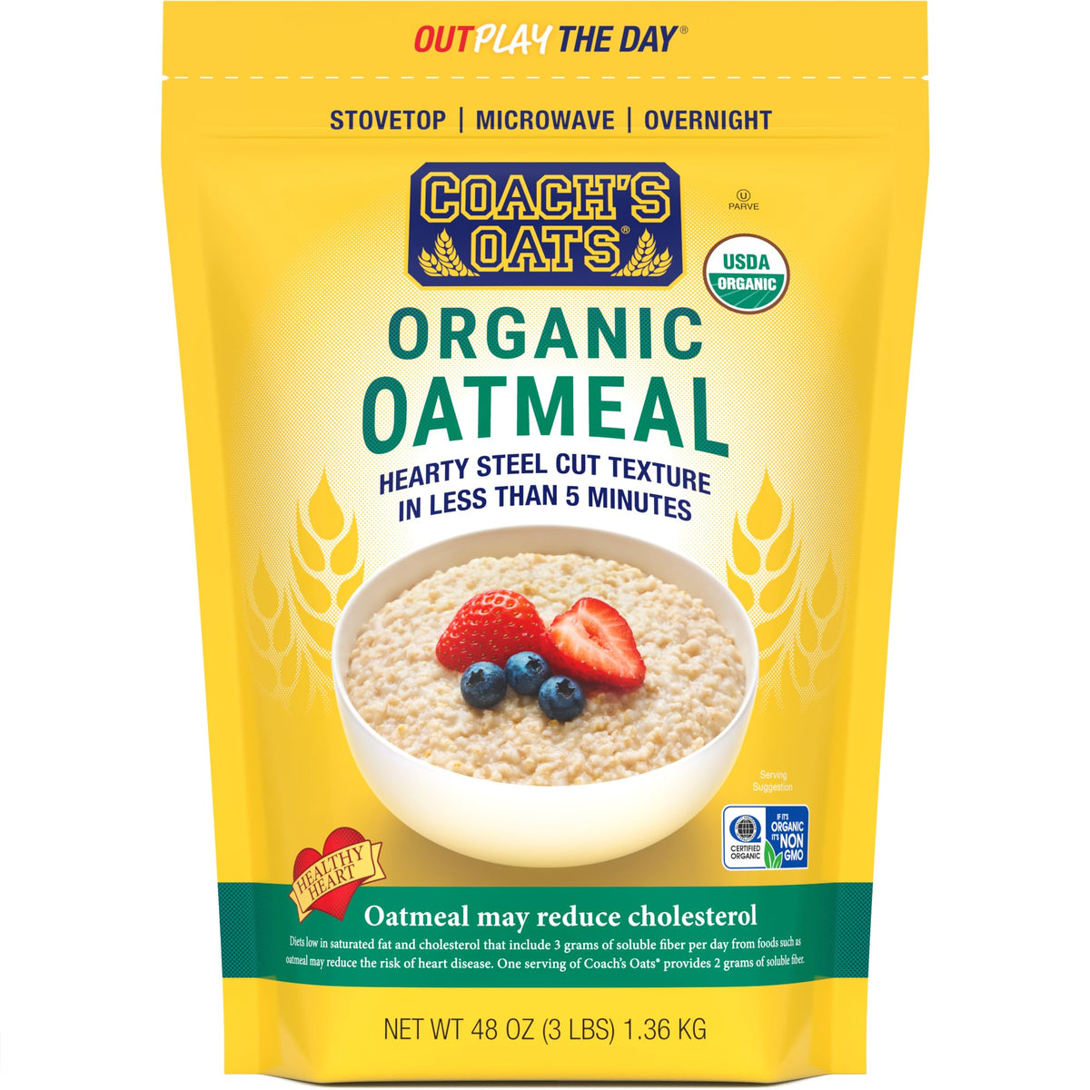 Coach's Oats organic oatmeal 3lb bag with premium oats for quick, nourishing breakfast.