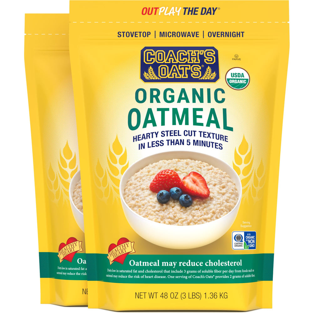 COACH'S OATS Organic Oatmeal two-pack in a kitchen, ideal for quick, wholesome breakfasts.