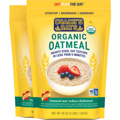 COACH'S OATS Organic Oatmeal two-pack in a kitchen, ideal for quick, wholesome breakfasts.