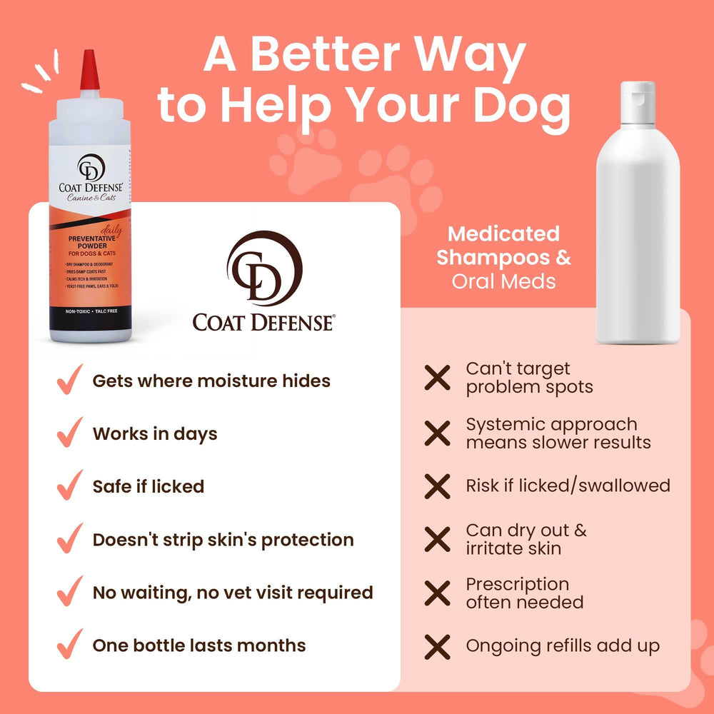 Close-up of Coat Defense absorbent powder on a pet’s coat reducing dampness.