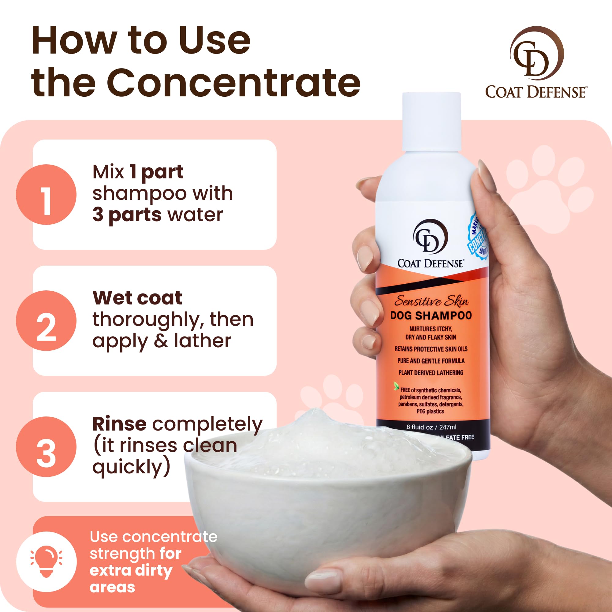 COAT DEFENSE bath-time dog portrait shows easy, efficient cleaning